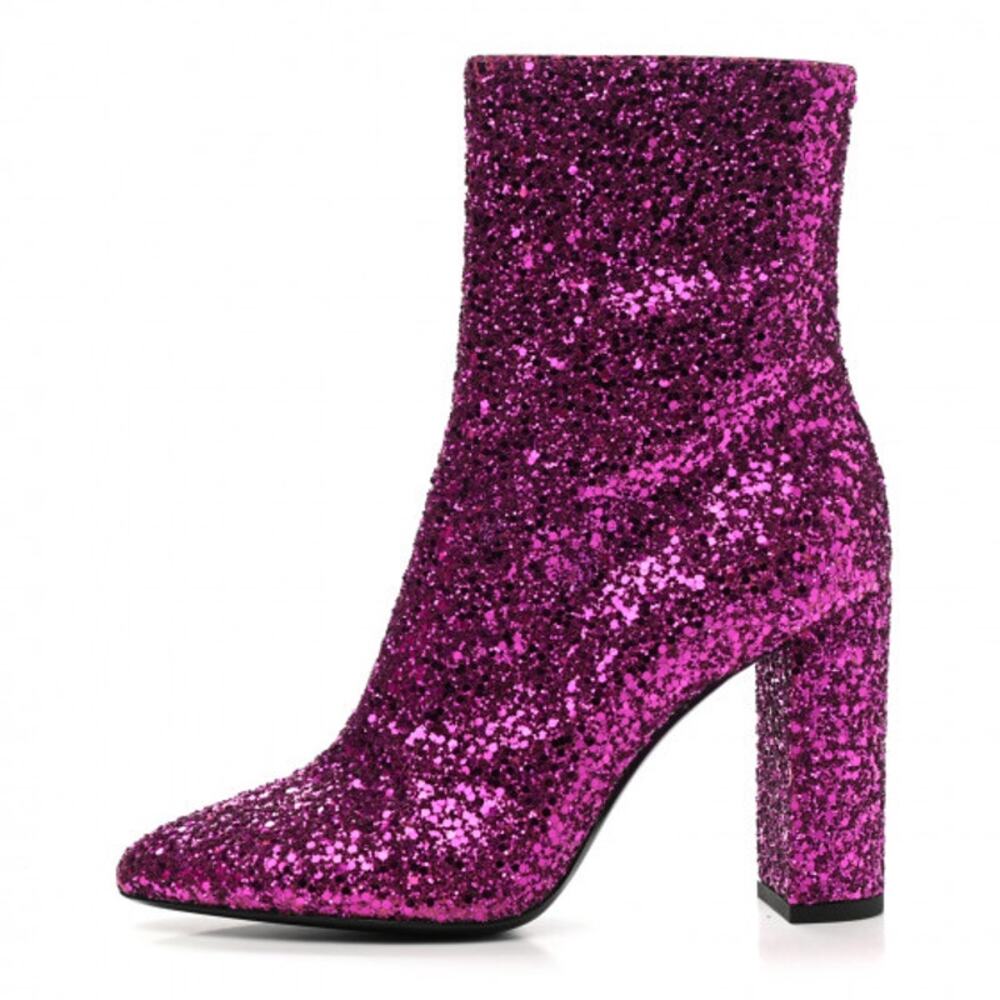 NEW SAINT LAURENT Fuchsia Pink Glitter Heeled Side Zip Bootie size 36.5 US 6.5